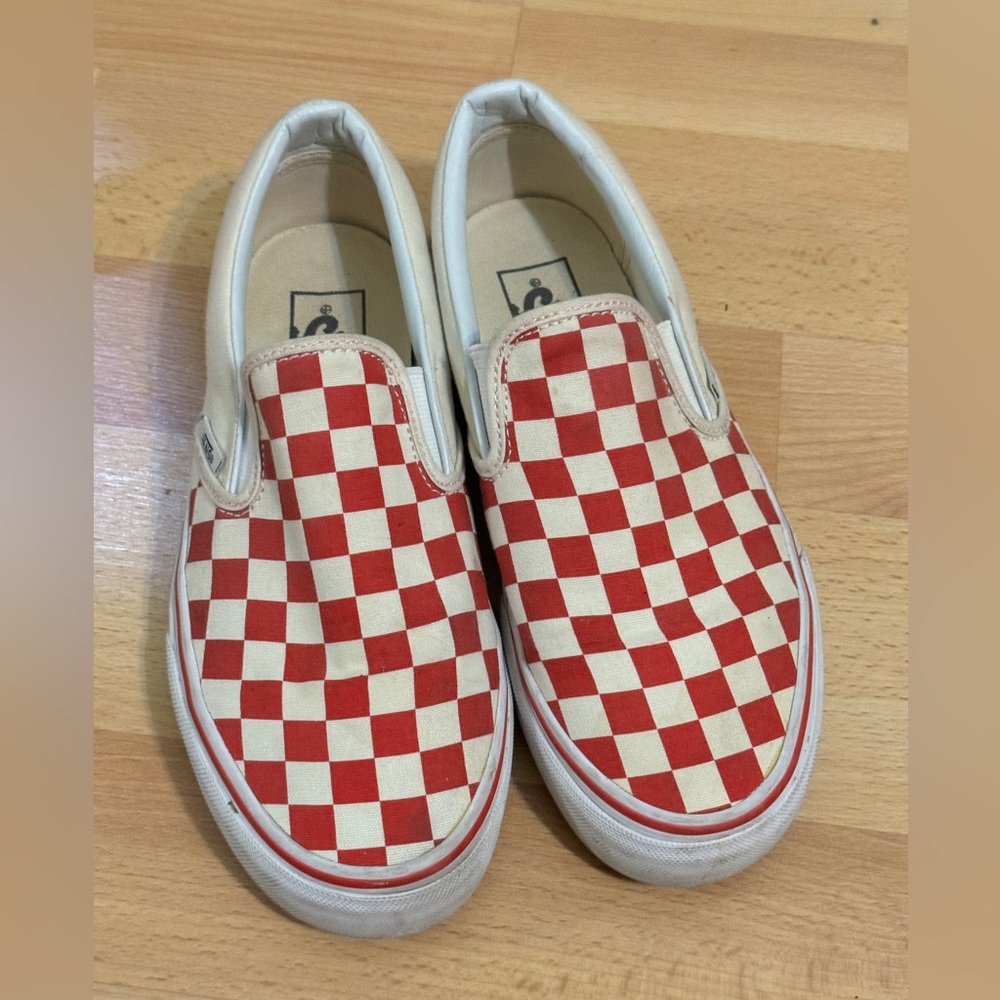 Vans  Red and White Checkered Slip-On Sneakers